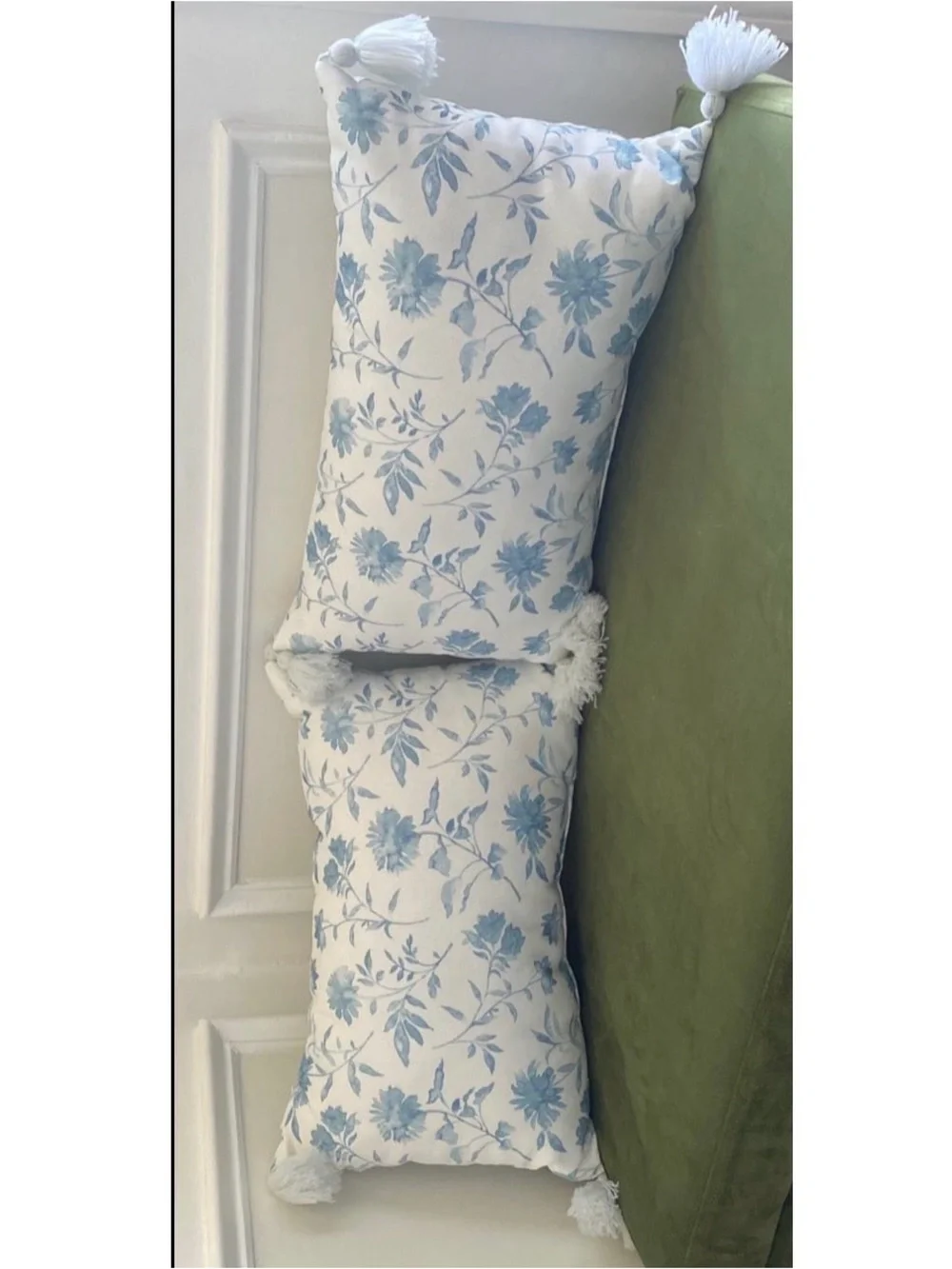 Source Unknown Blue and White Floral Tassel Lumbar Pillow